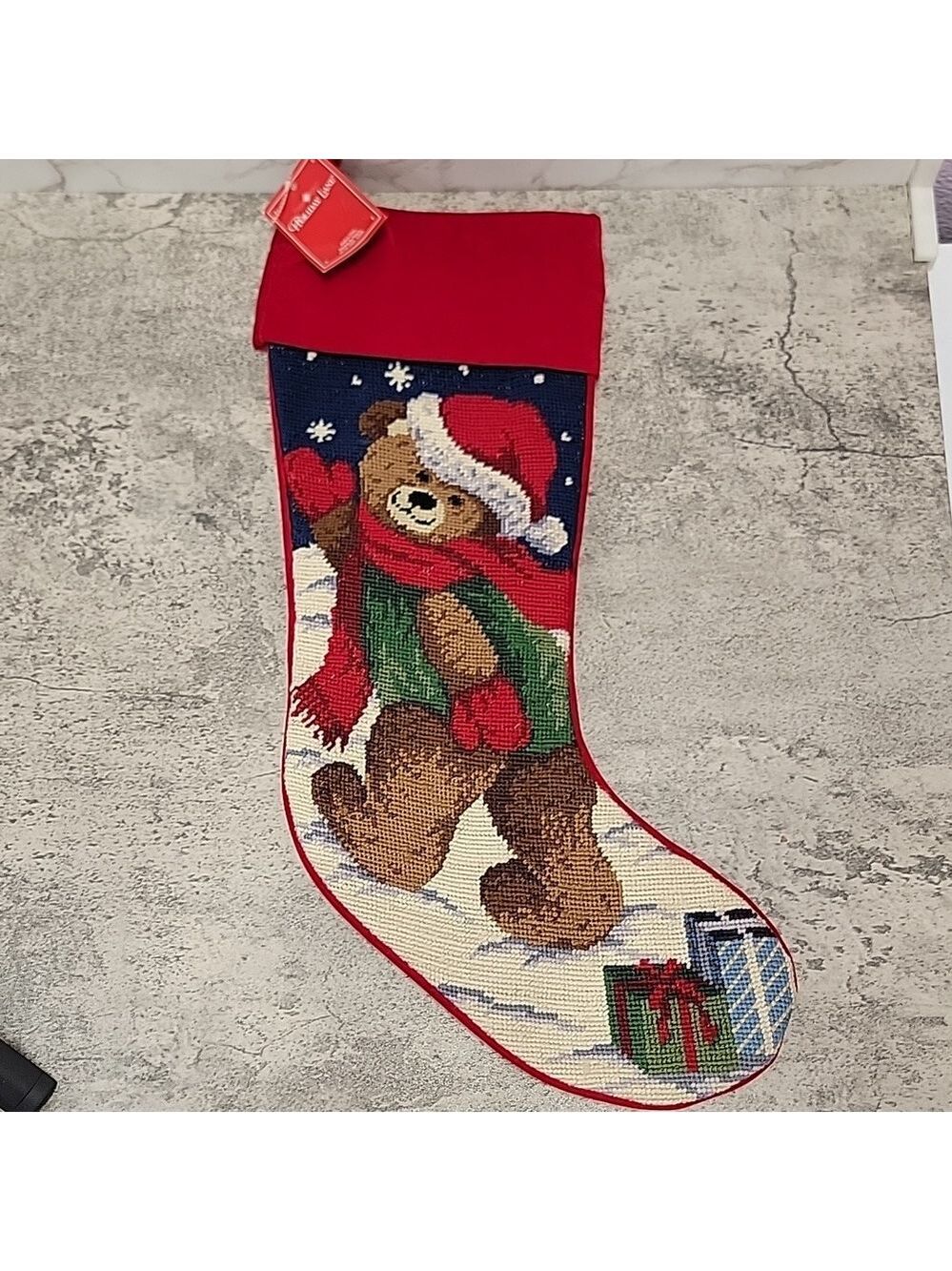 Vintage Macy's Teddy Bear Needlepoint stocking with Velvet backing